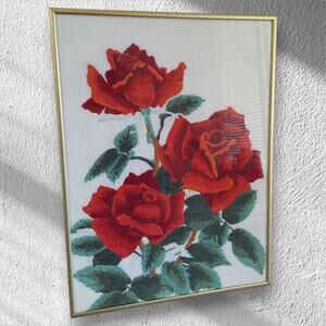 Vintage rose embroidery on silk art floral framed Wall Art 16x12